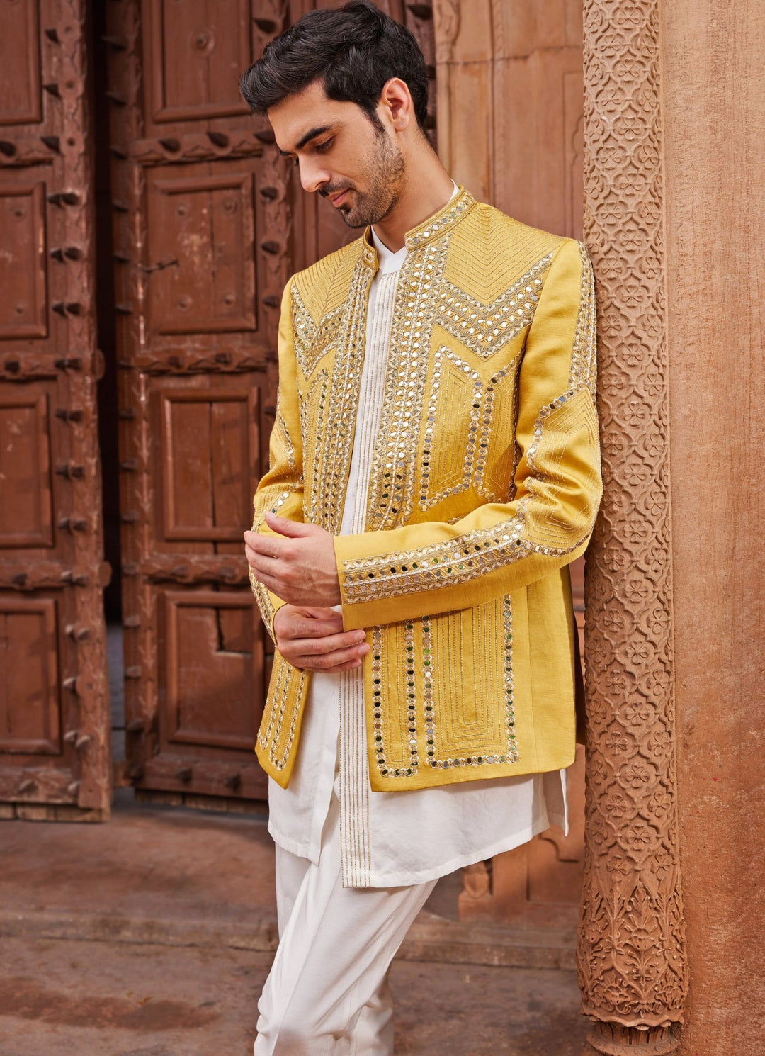 Mustard Yellow Mirror Embroidered Jacket Set Contrast By Parth - Fabilicious Fashion