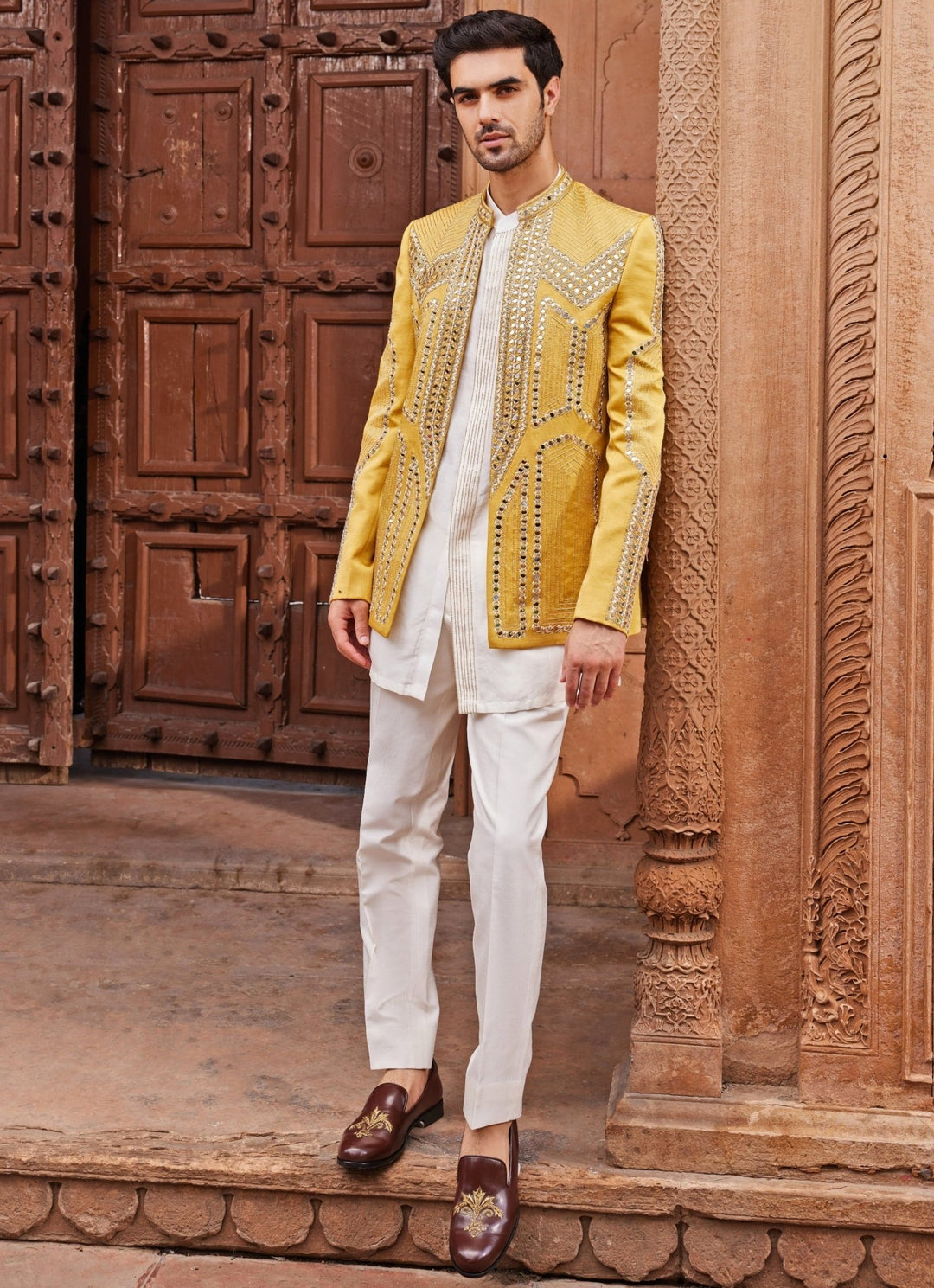 Mustard Yellow Mirror Embroidered Jacket Set Contrast By Parth - Fabilicious Fashion