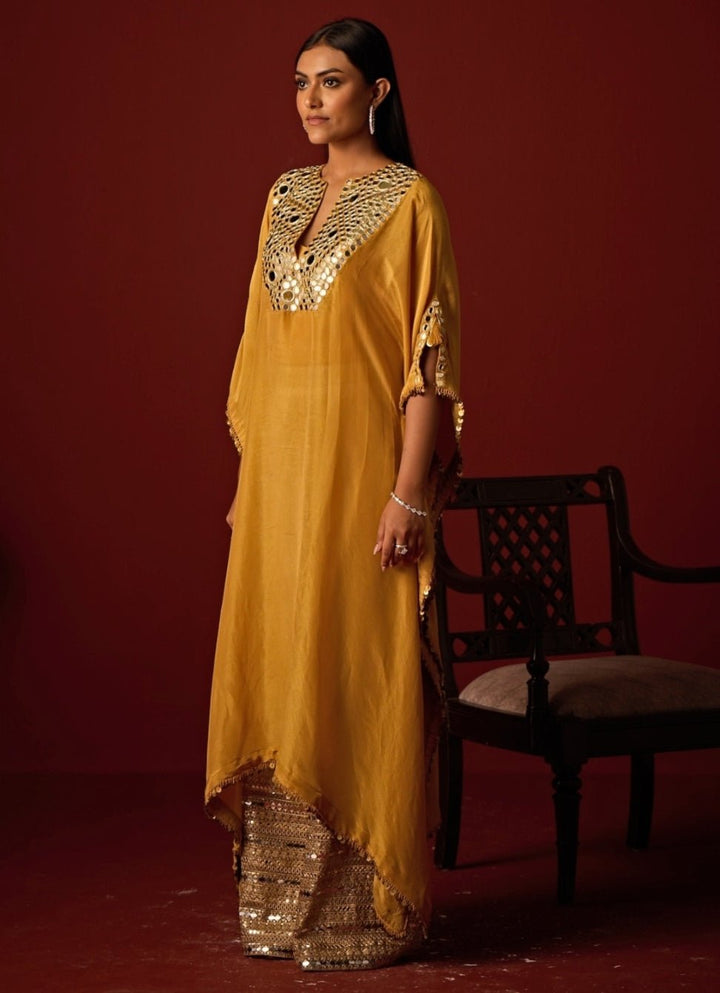 Mustard Yellow Mirror Embroidered Tissue Kaftan Set Twenty Nine - Fabilicious Fashion