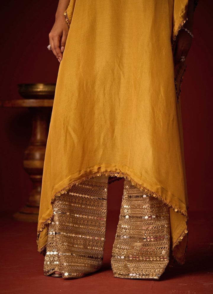 Mustard Yellow Mirror Embroidered Tissue Kaftan Set Twenty Nine - Fabilicious Fashion