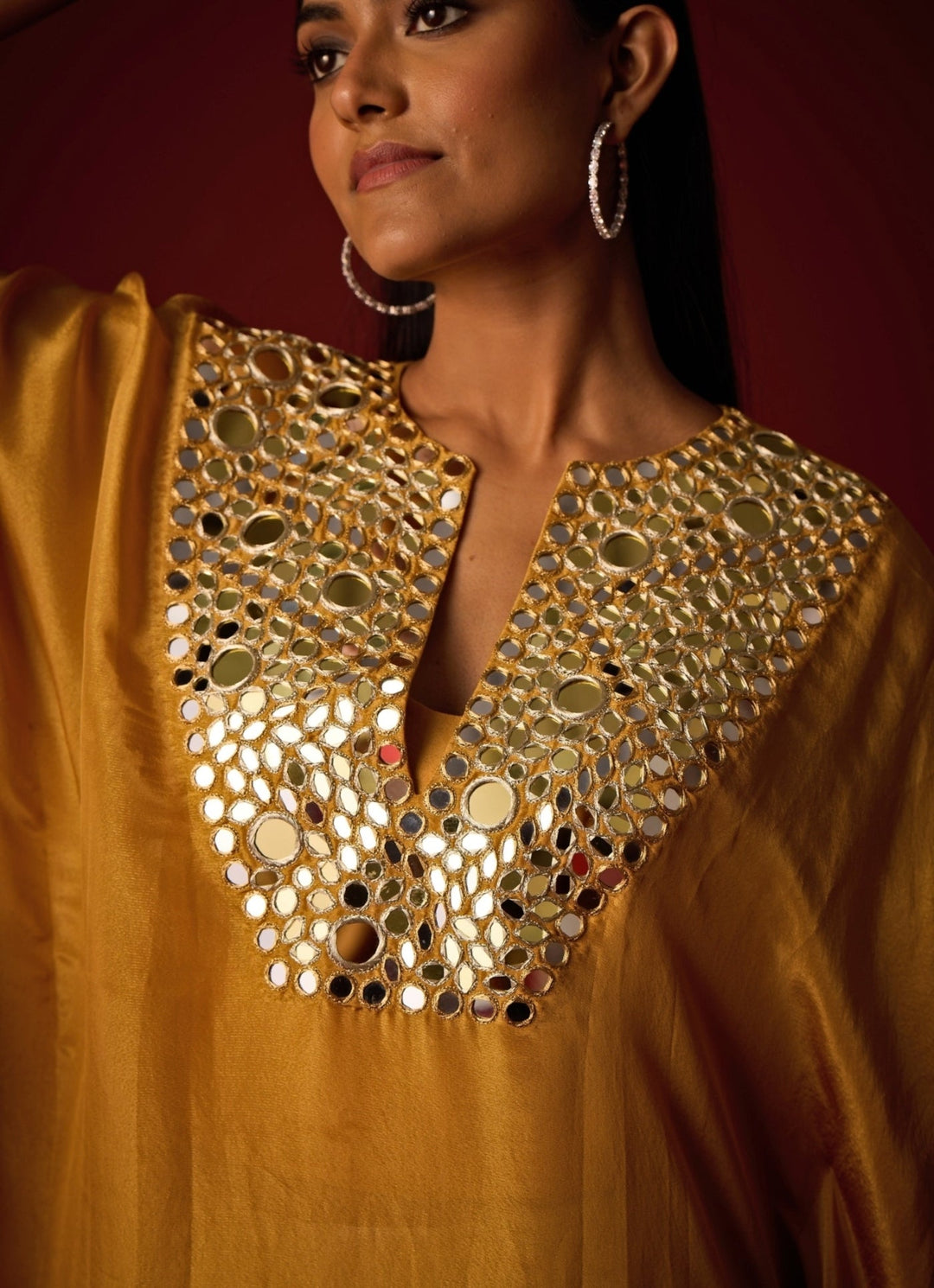 Mustard Yellow Mirror Embroidered Tissue Kaftan Set Twenty Nine - Fabilicious Fashion