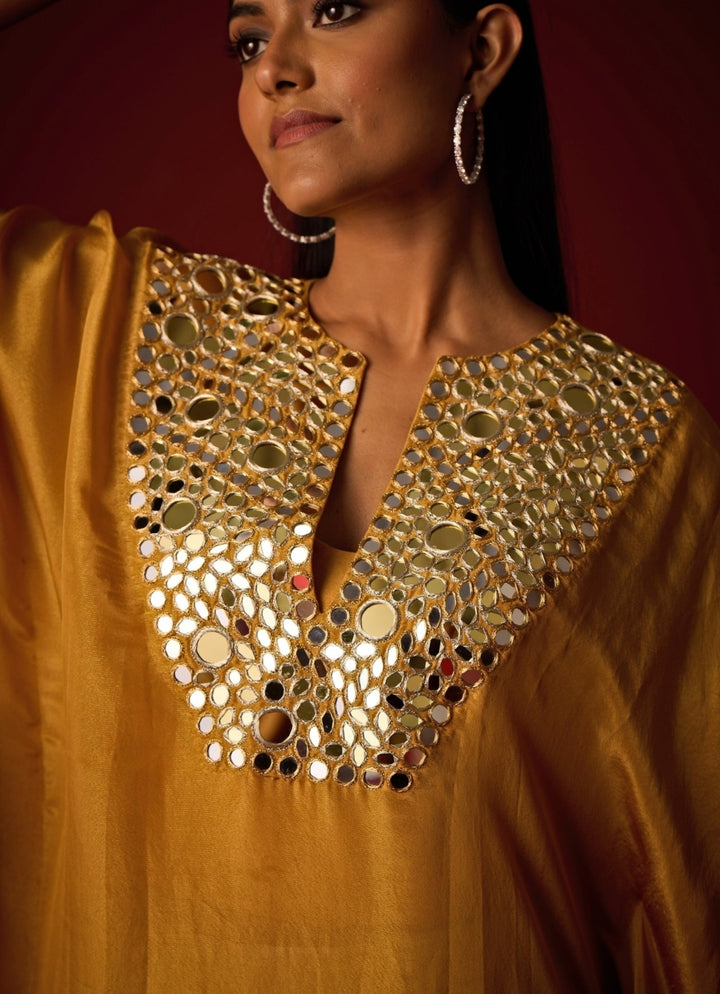 Mustard Yellow Mirror Embroidered Tissue Kaftan Set Twenty Nine - Fabilicious Fashion