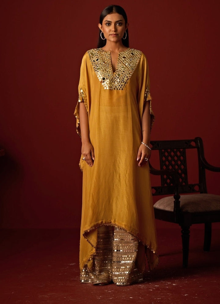 Mustard Yellow Mirror Embroidered Tissue Kaftan Set Twenty Nine - Fabilicious Fashion