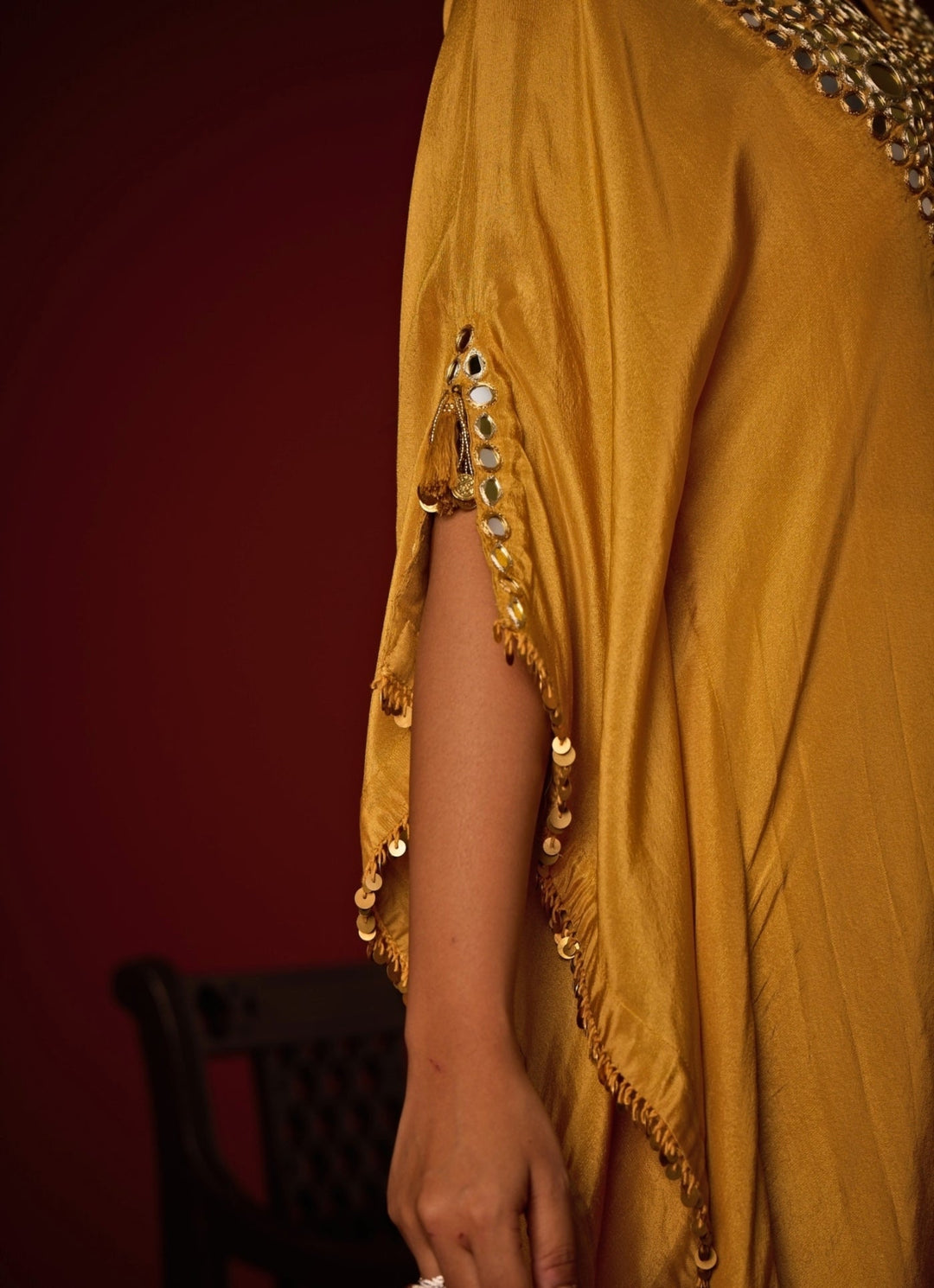Mustard Yellow Mirror Embroidered Tissue Kaftan Set Twenty Nine - Fabilicious Fashion