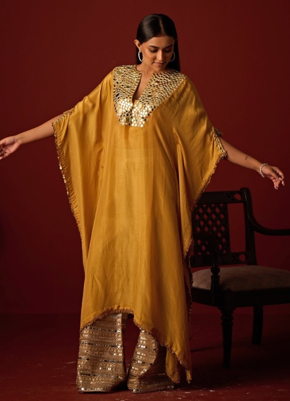 Mustard Yellow Mirror Embroidered Tissue Kaftan Set Twenty Nine - Fabilicious Fashion