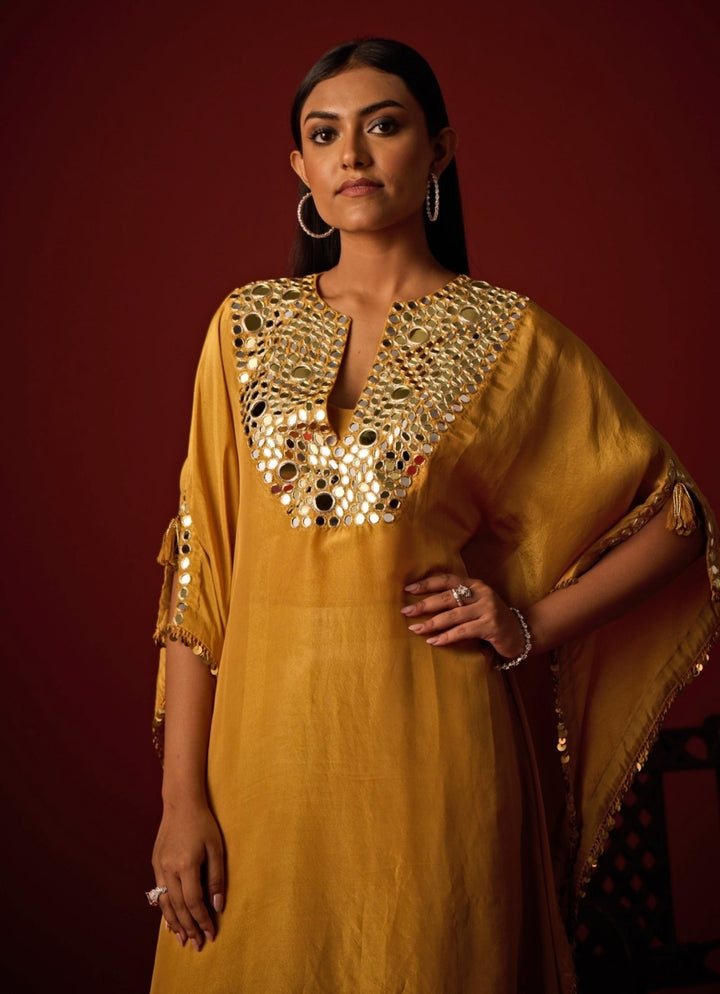 Mustard Yellow Mirror Embroidered Tissue Kaftan Set Twenty Nine - Fabilicious Fashion