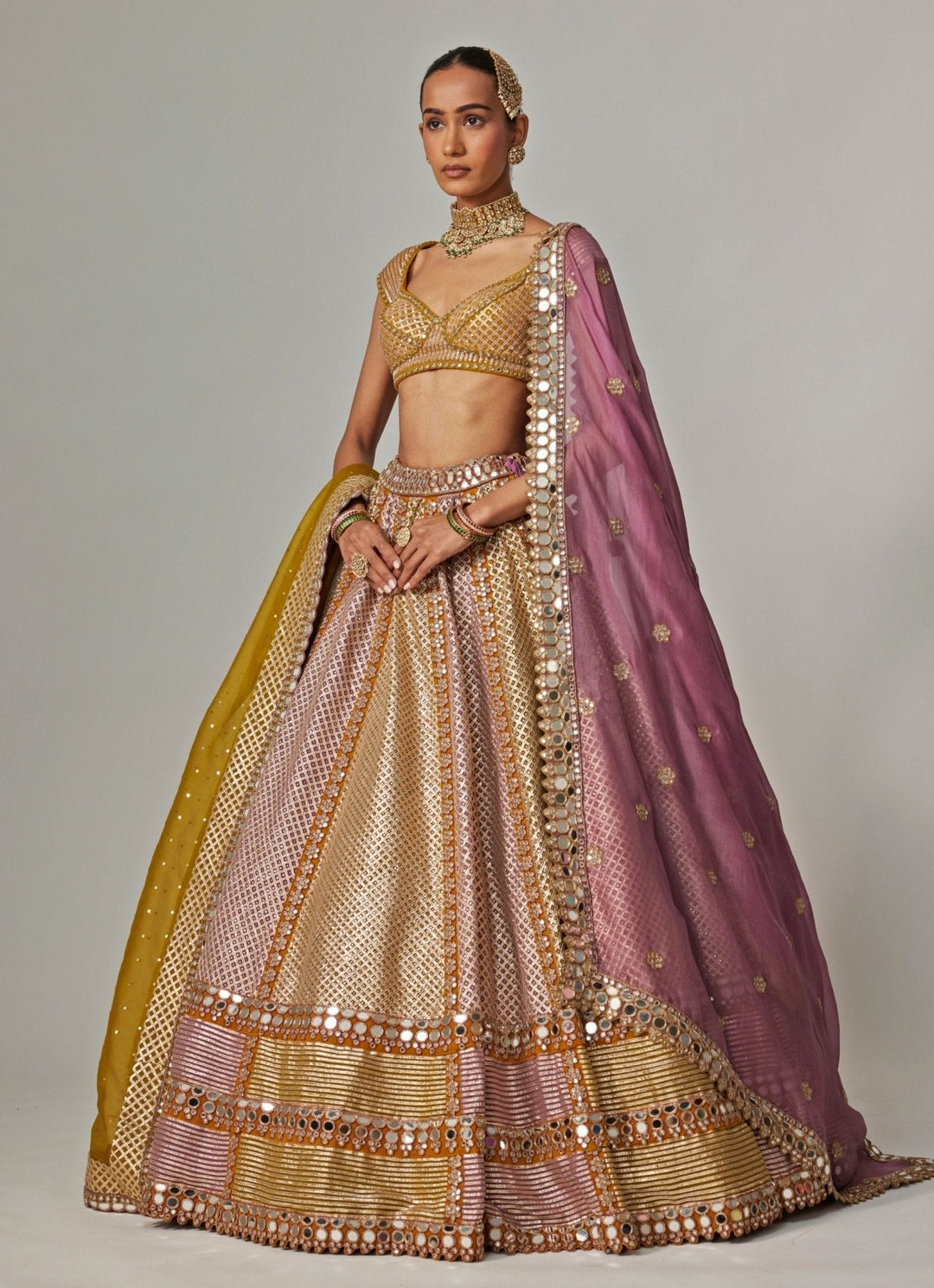 Mustard Yellow Multicolour Bridal Lehenga With Double Dupatta Vvani by Vani Vats - Fabilicious Fashion