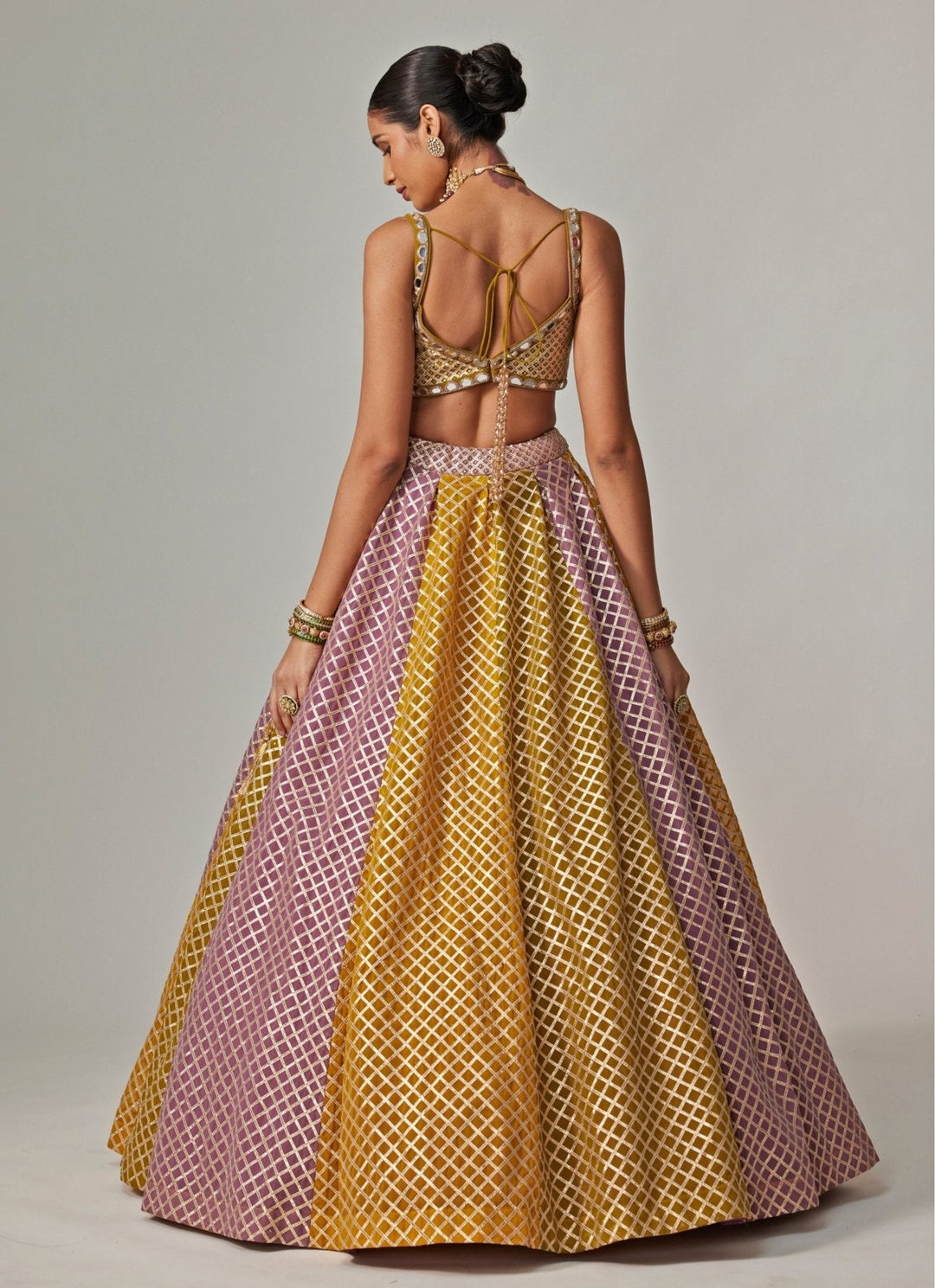 Mustard Yellow Multicolour Checkered Lehenga Set Vvani by Vani Vats - Fabilicious Fashion