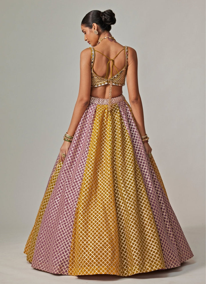 Mustard Yellow Multicolour Checkered Lehenga Set Vvani by Vani Vats - Fabilicious Fashion