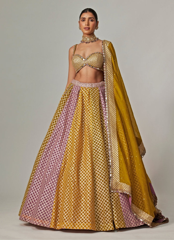 Mustard Yellow Multicolour Checkered Lehenga Set Vvani by Vani Vats - Fabilicious Fashion