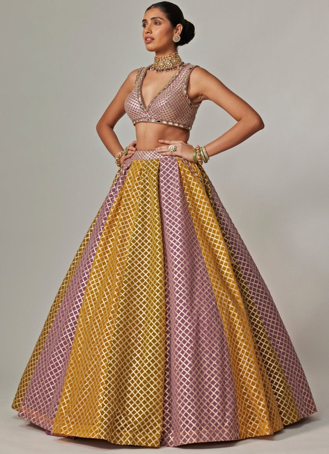 Mustard Yellow Multicolour Checkered Lehenga Set Vvani by Vani Vats - Fabilicious Fashion
