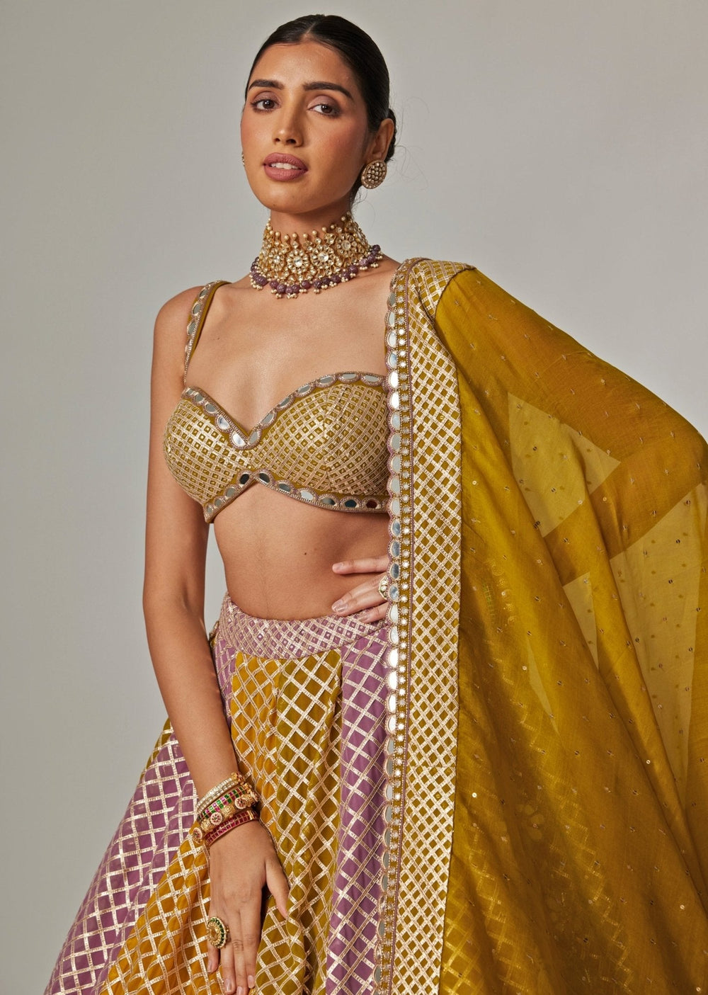 Mustard Yellow Multicolour Checkered Lehenga Set Vvani by Vani Vats - Fabilicious Fashion