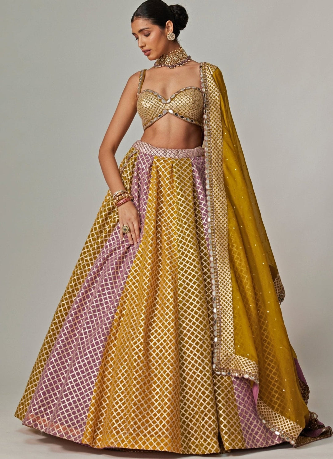 Mustard Yellow Multicolour Checkered Lehenga Set Vvani by Vani Vats - Fabilicious Fashion