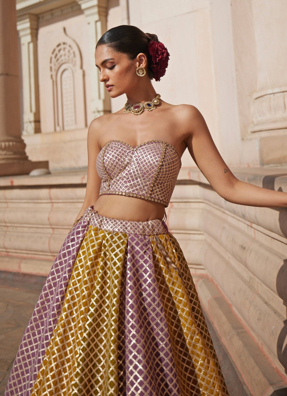 Mustard Yellow Multicolour Checkered Lehenga With Corset Vvani by Vani Vats - Fabilicious Fashion