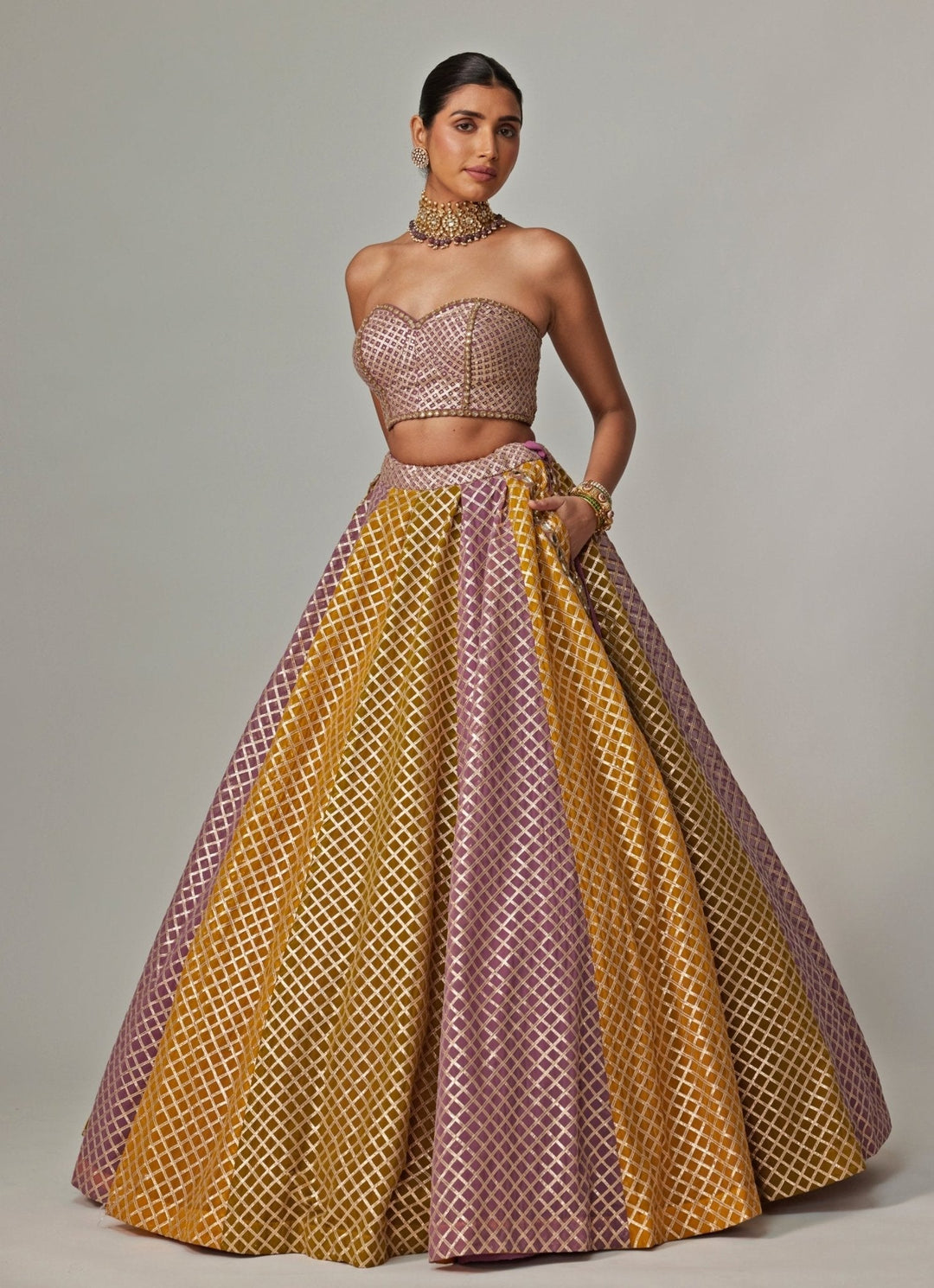 Mustard Yellow Multicolour Checkered Lehenga With Corset Vvani by Vani Vats - Fabilicious Fashion