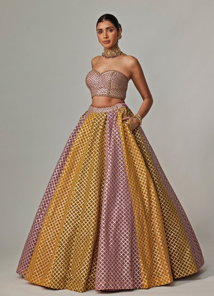 Mustard Yellow Multicolour Checkered Lehenga With Corset Vvani by Vani Vats - Fabilicious Fashion