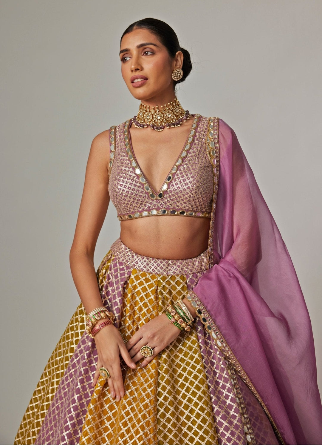 Mustard Yellow Multicolour Checkered Lehenga With Dupatta Vvani by Vani Vats - Fabilicious Fashion