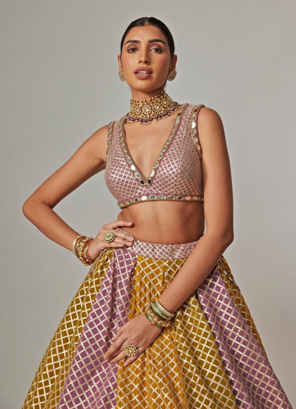 Mustard Yellow Multicolour Checkered Lehenga With Dupatta Vvani by Vani Vats - Fabilicious Fashion