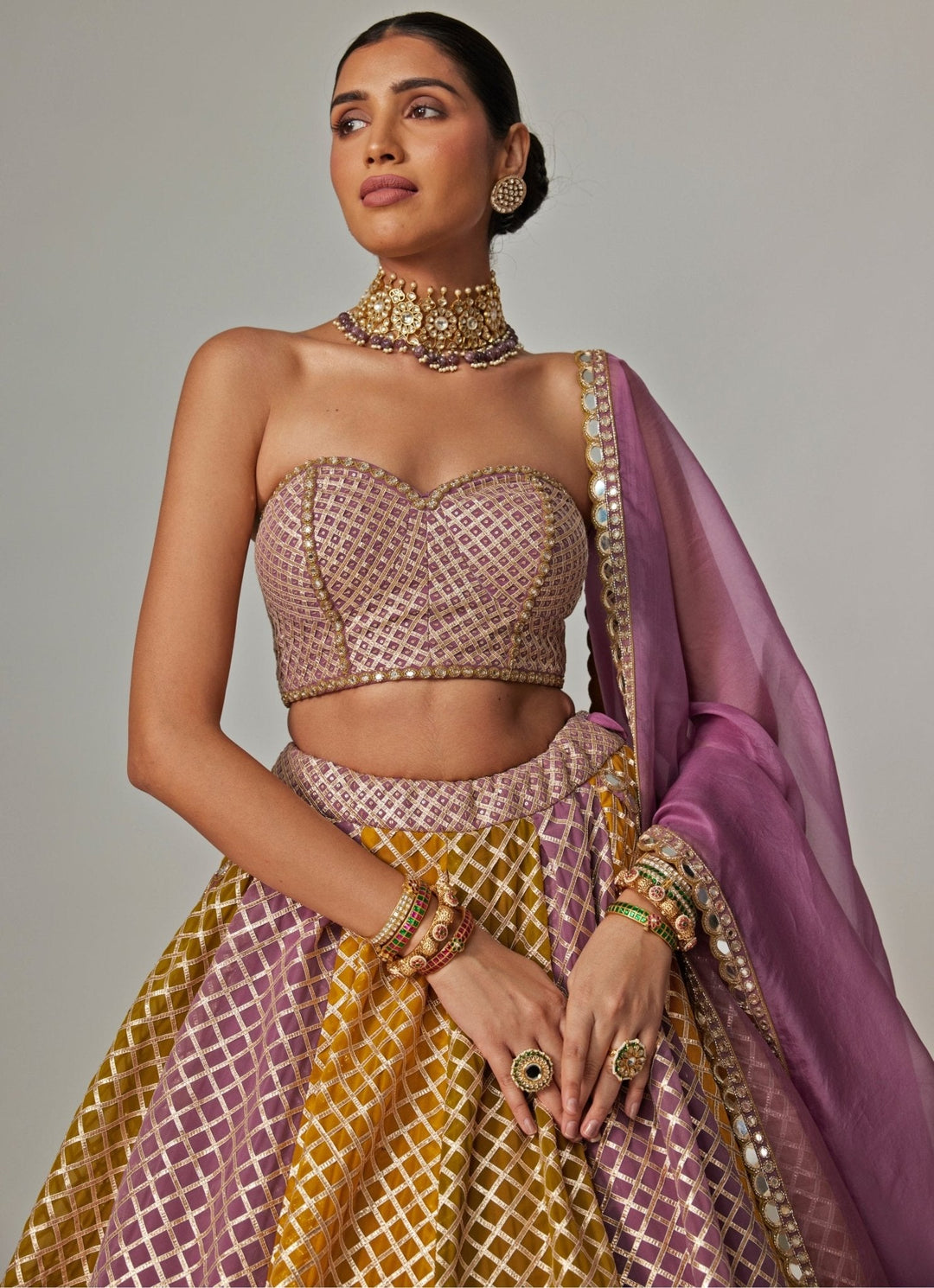 Mustard Yellow Multicolour Checkered Lehenga With Dupatta Vvani by Vani Vats - Fabilicious Fashion