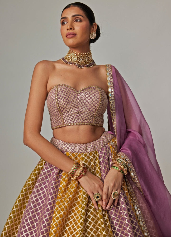 Mustard Yellow Multicolour Checkered Lehenga With Dupatta Vvani by Vani Vats - Fabilicious Fashion