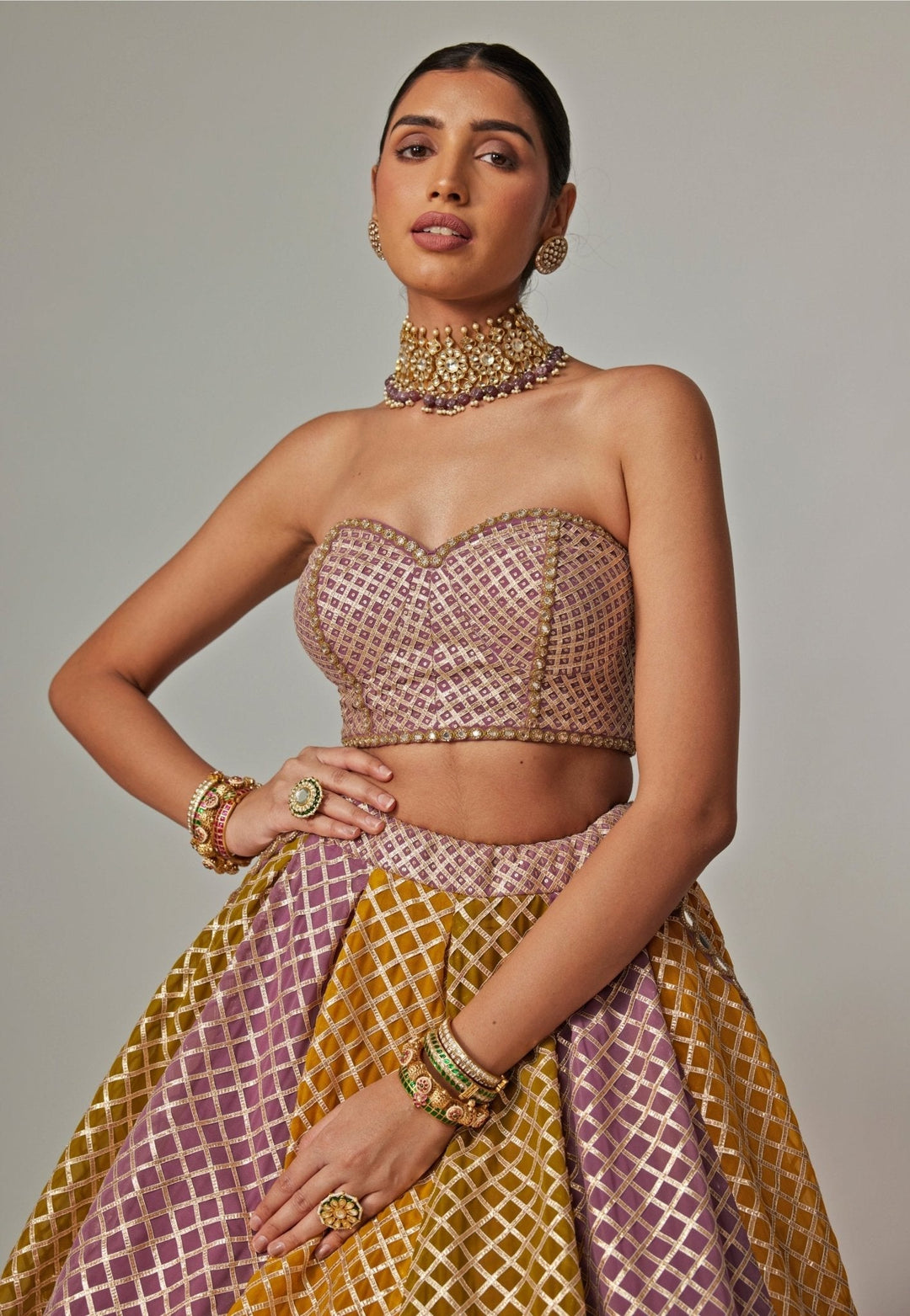 Mustard Yellow Multicolour Checkered Lehenga With Dupatta Vvani by Vani Vats - Fabilicious Fashion