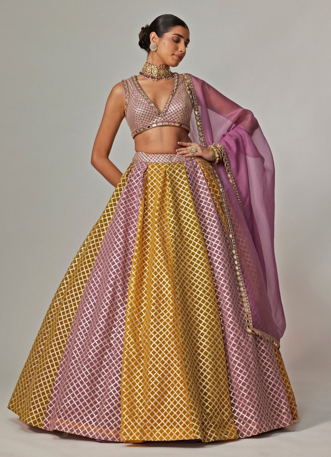 Mustard Yellow Multicolour Checkered Lehenga With Dupatta Vvani by Vani Vats - Fabilicious Fashion