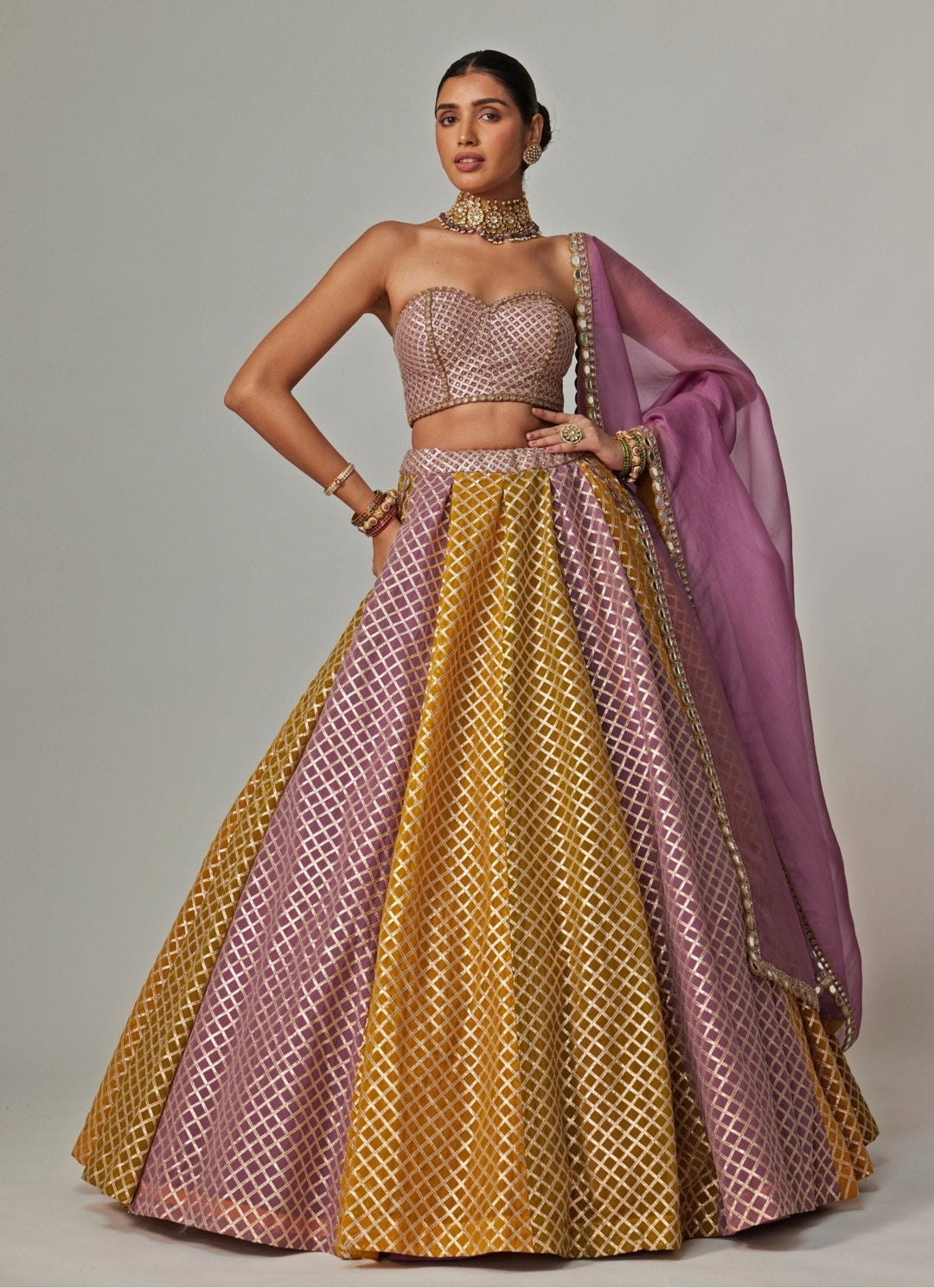 Mustard Yellow Multicolour Checkered Lehenga With Dupatta Vvani by Vani Vats - Fabilicious Fashion
