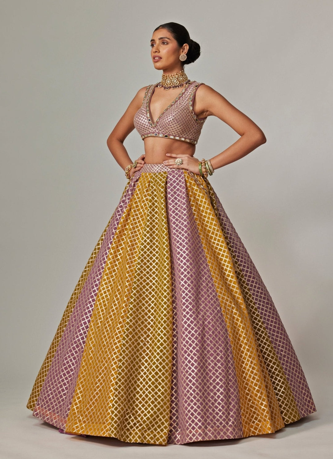 Mustard Yellow Multicolour Checkered Lehenga With Dupatta Vvani by Vani Vats - Fabilicious Fashion