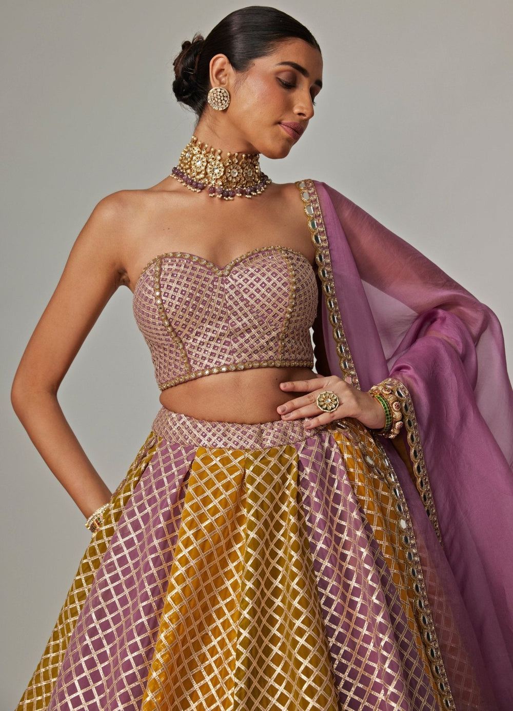 Mustard Yellow Multicolour Checkered Lehenga With Dupatta Vvani by Vani Vats - Fabilicious Fashion
