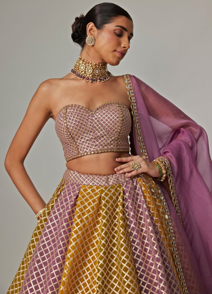 Mustard Yellow Multicolour Checkered Lehenga With Dupatta Vvani by Vani Vats - Fabilicious Fashion