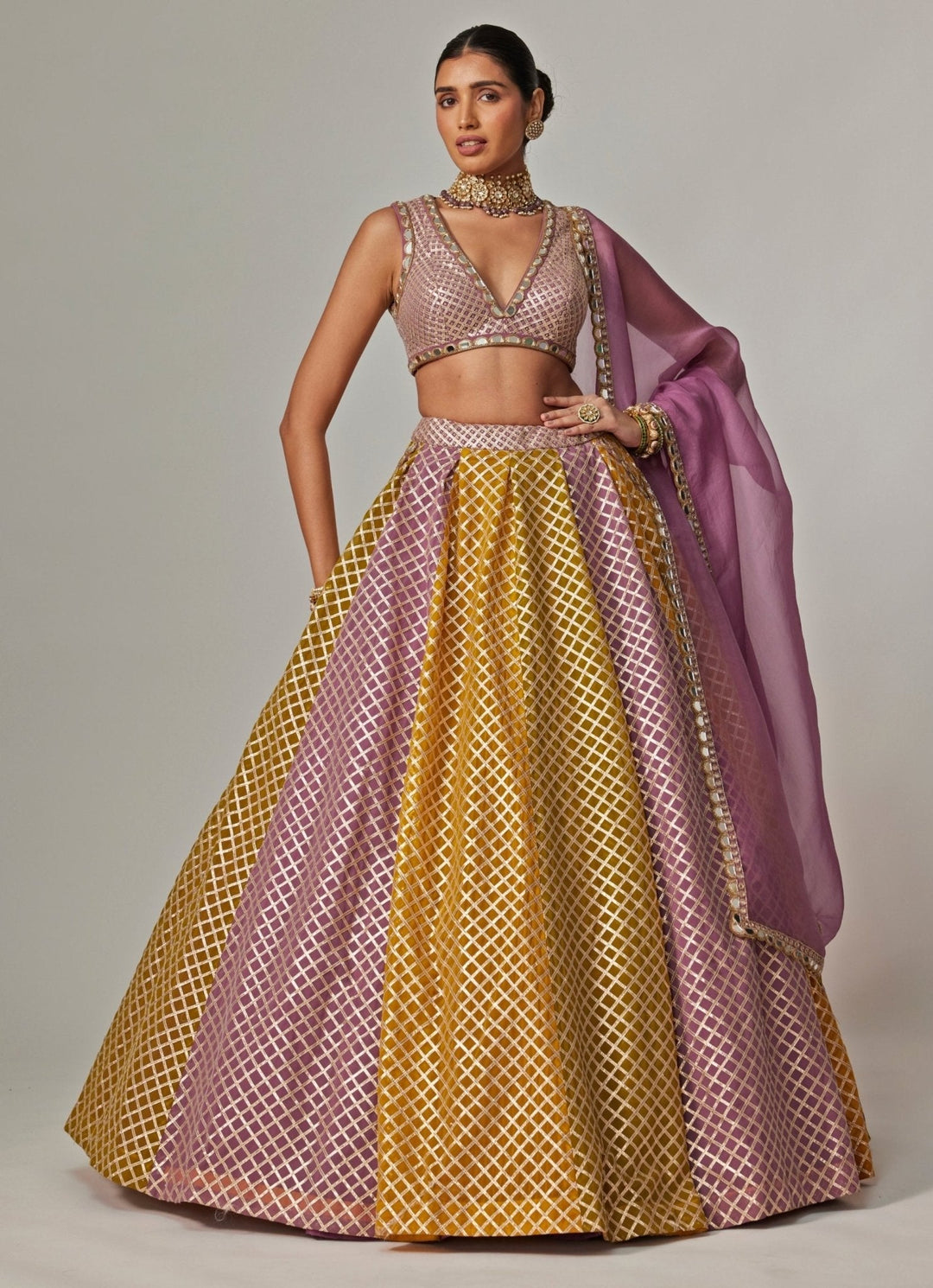 Mustard Yellow Multicolour Checkered Lehenga With Dupatta Vvani by Vani Vats - Fabilicious Fashion