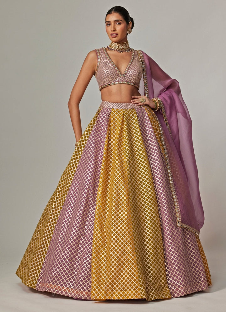 Mustard Yellow Multicolour Checkered Lehenga With Dupatta Vvani by Vani Vats - Fabilicious Fashion