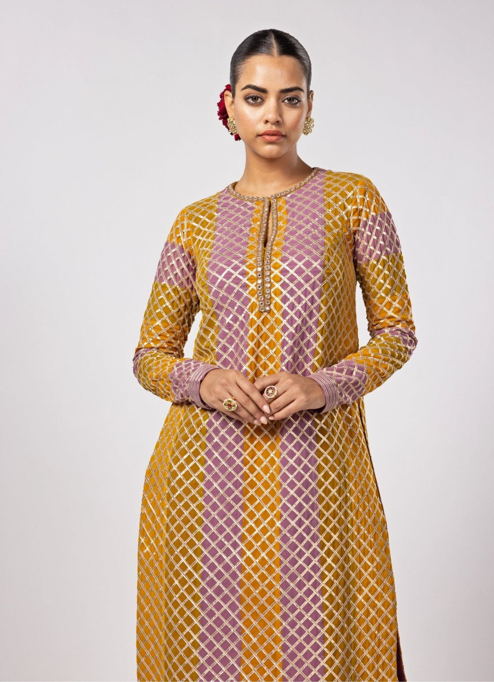 Mustard Yellow Multicolour Gota Embroidered Kurta Pants Set Vvani by Vani Vats - Fabilicious Fashion