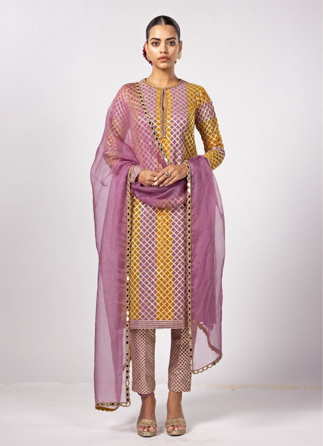 Mustard Yellow Multicolour Gota Embroidered Kurta Pants Set Vvani by Vani Vats - Fabilicious Fashion