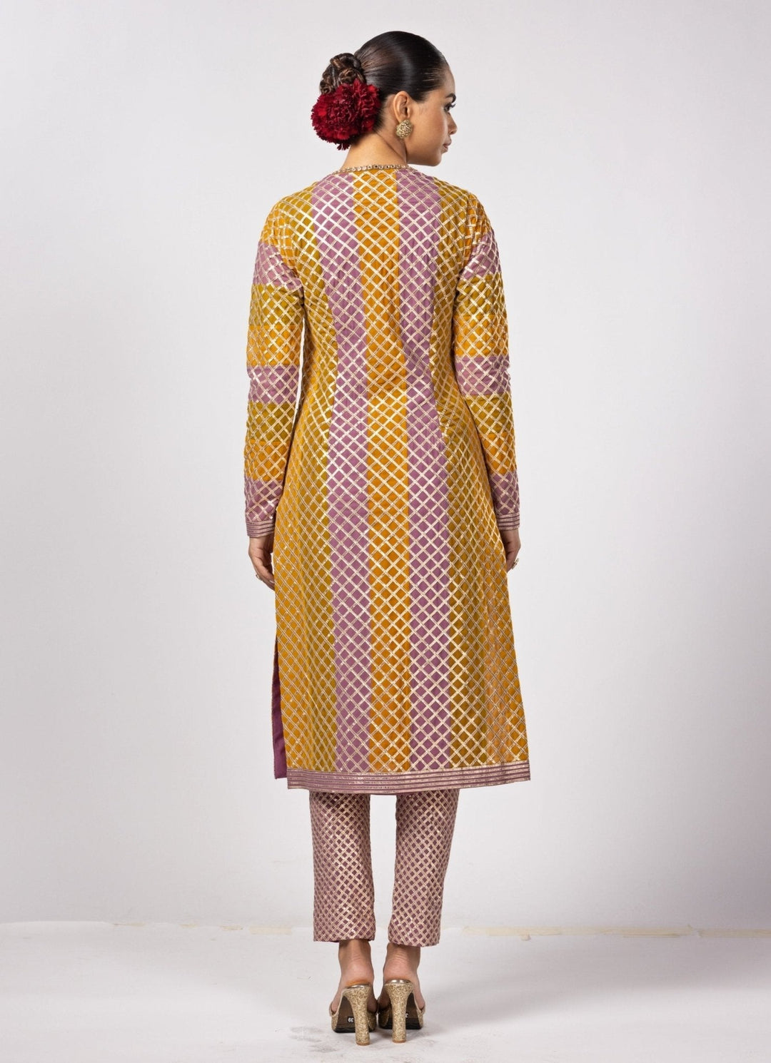 Mustard Yellow Multicolour Gota Embroidered Kurta Pants Set Vvani by Vani Vats - Fabilicious Fashion