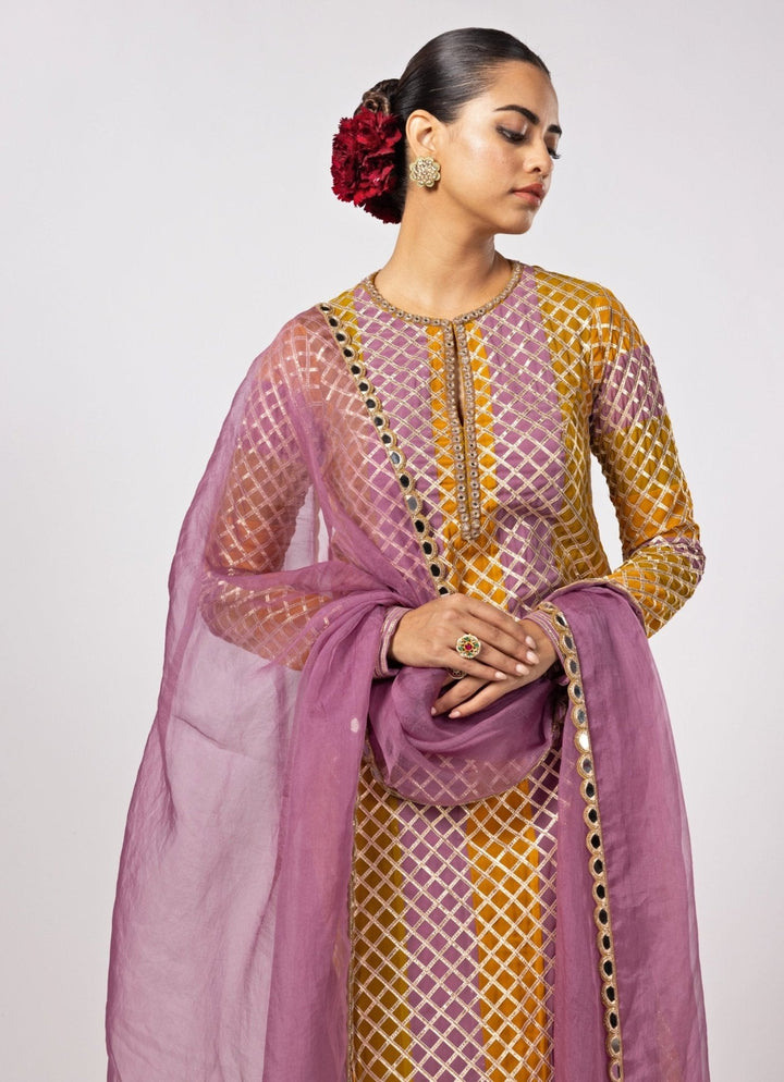 Mustard Yellow Multicolour Gota Embroidered Kurta Pants Set Vvani by Vani Vats - Fabilicious Fashion