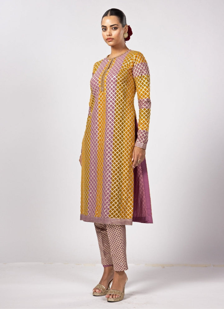 Mustard Yellow Multicolour Gota Embroidered Kurta Pants Set Vvani by Vani Vats - Fabilicious Fashion