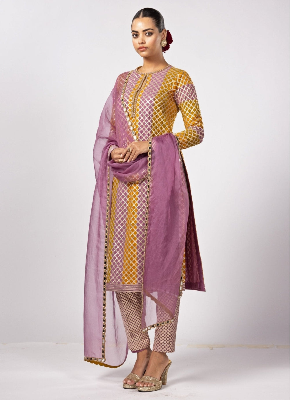 Mustard Yellow Multicolour Gota Embroidered Kurta Pants Set Vvani by Vani Vats - Fabilicious Fashion