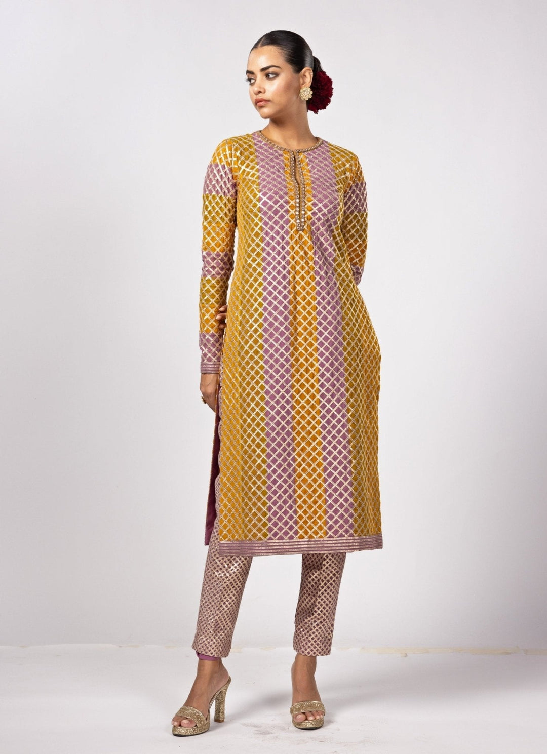 Mustard Yellow Multicolour Gota Embroidered Kurta Pants Set Vvani by Vani Vats - Fabilicious Fashion