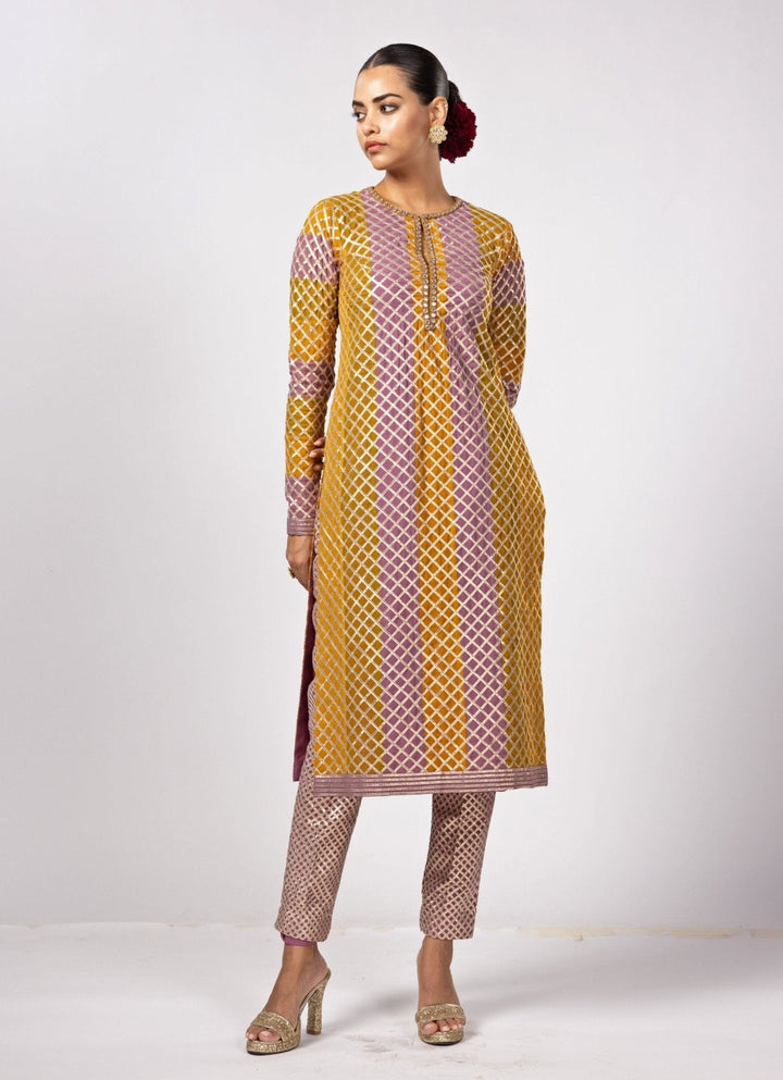 Mustard Yellow Multicolour Gota Embroidered Kurta Pants Set Vvani by Vani Vats - Fabilicious Fashion