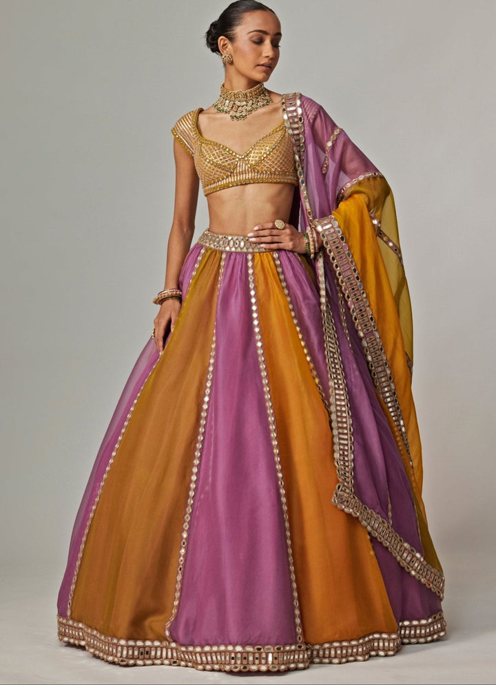 Mustard Yellow Multicolour Linear Embroidered Lehenga Set Vvani by Vani Vats - Fabilicious Fashion