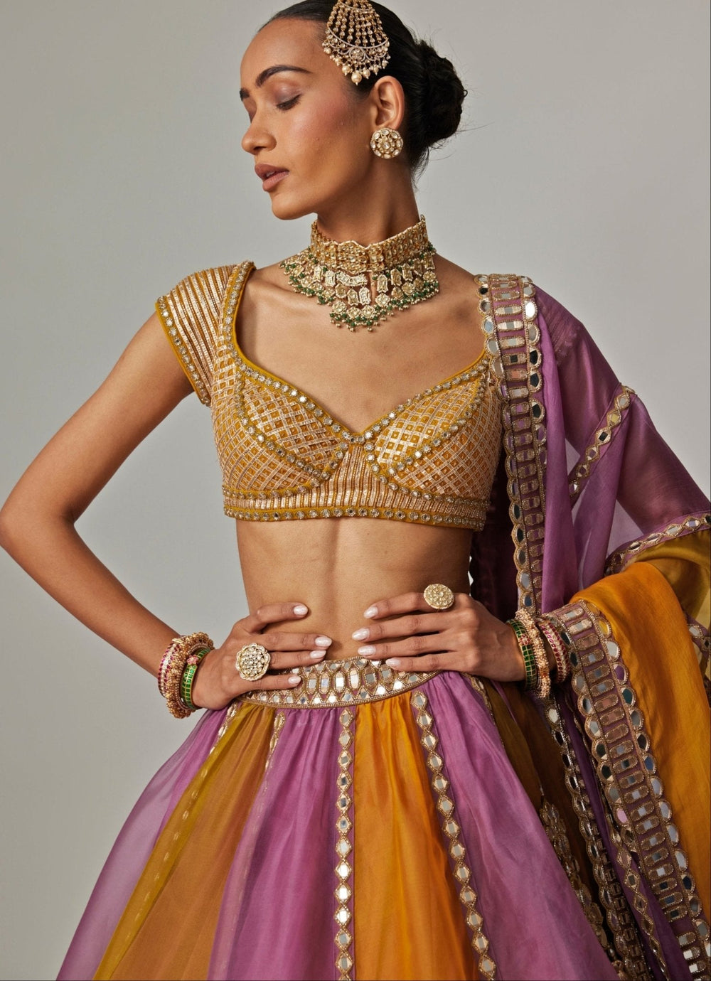 Mustard Yellow Multicolour Linear Embroidered Lehenga Set Vvani by Vani Vats - Fabilicious Fashion