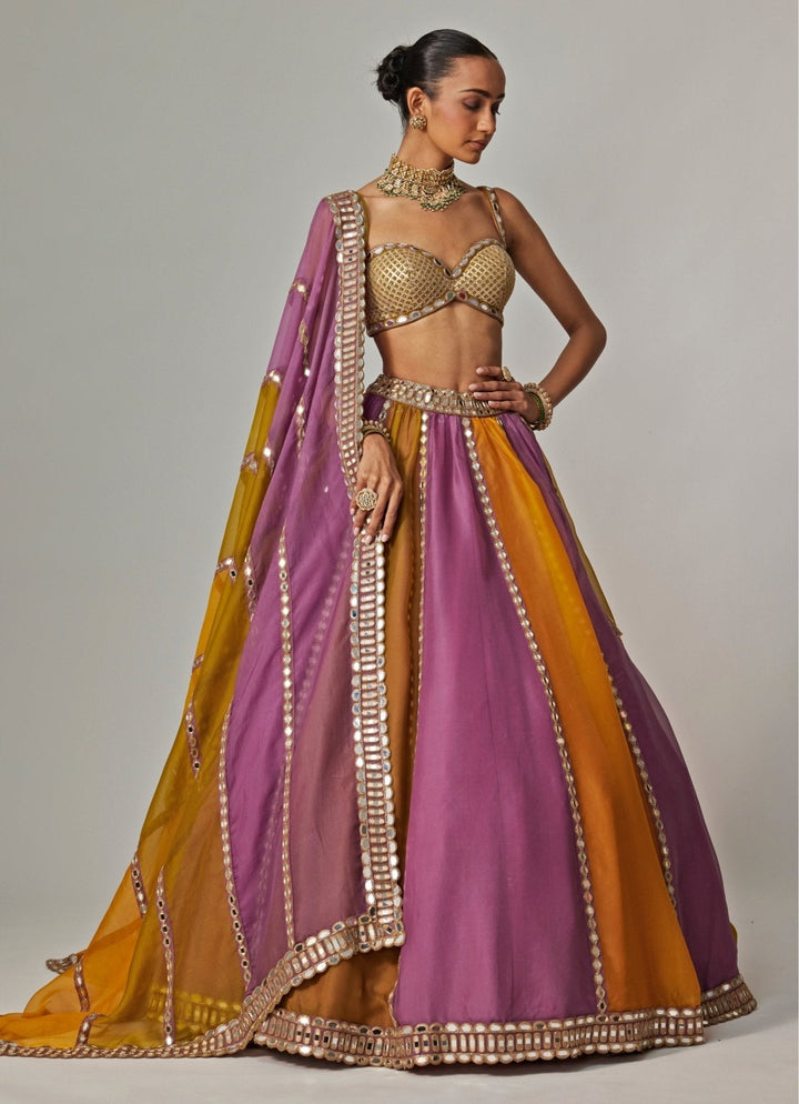 Mustard Yellow Multicolour Linear Embroidered Lehenga Set Vvani by Vani Vats - Fabilicious Fashion