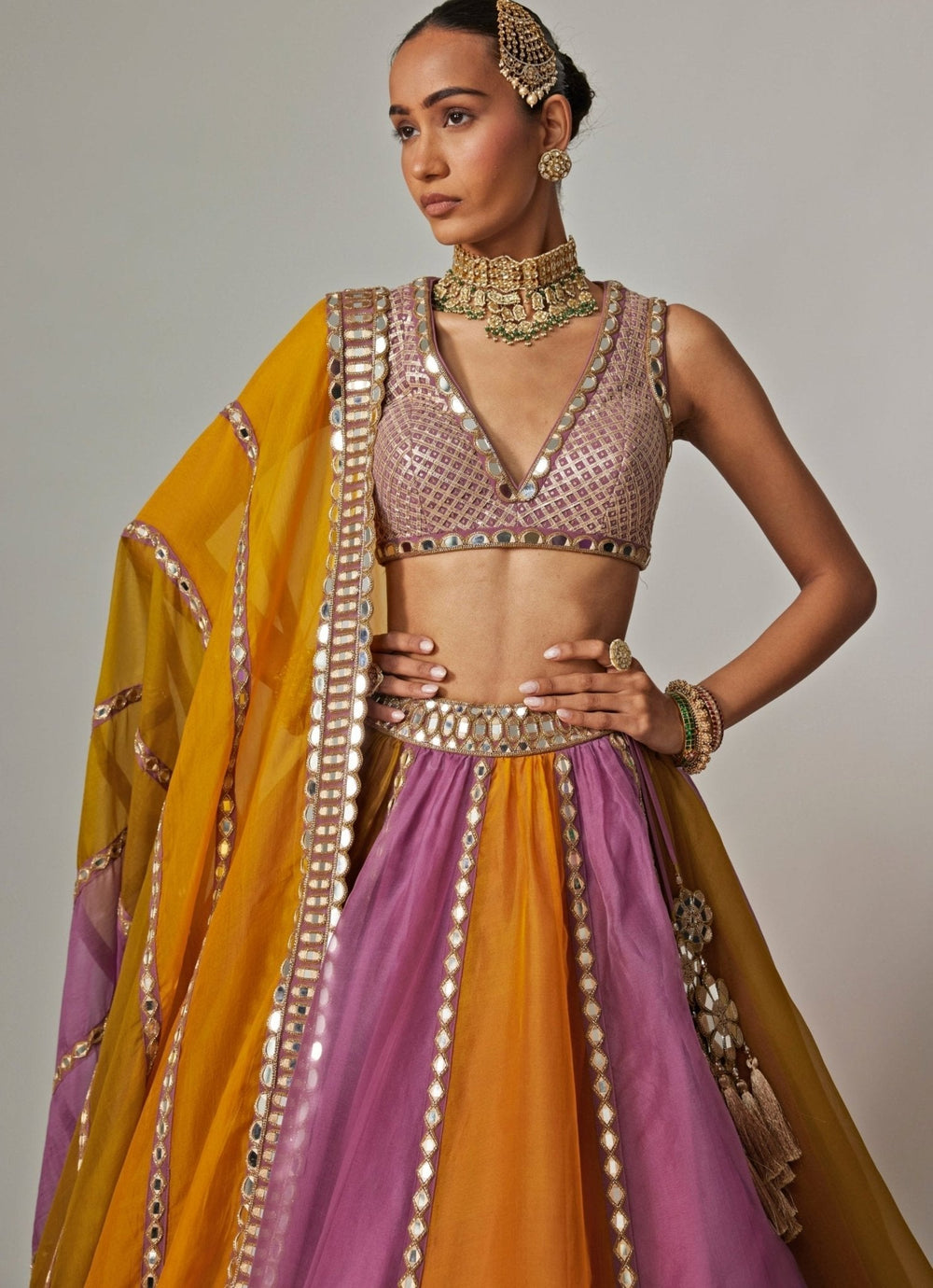Mustard Yellow Multicolour Linear Embroidered Lehenga Set Vvani by Vani Vats - Fabilicious Fashion