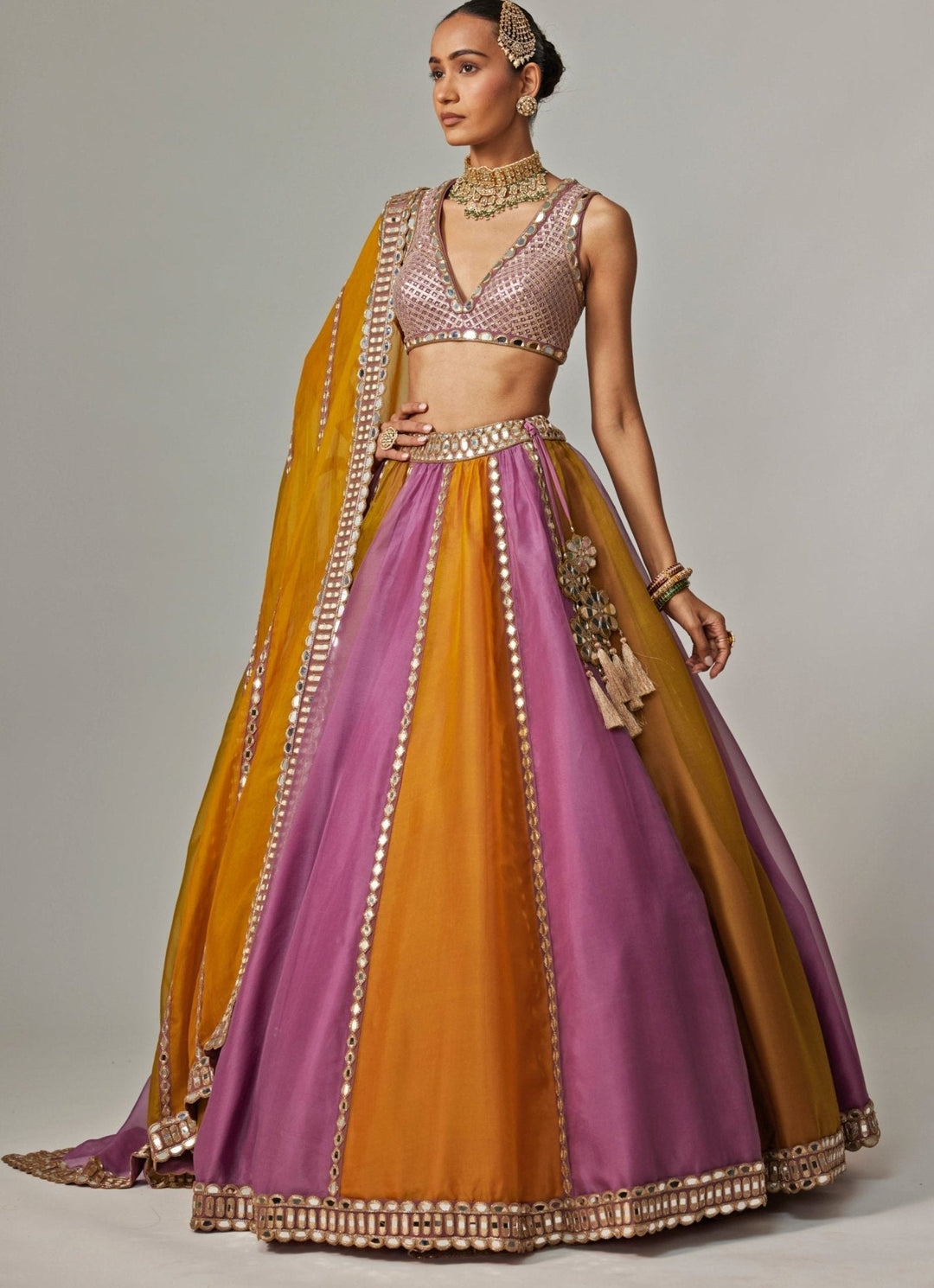 Mustard Yellow Multicolour Linear Embroidered Lehenga Set Vvani by Vani Vats - Fabilicious Fashion