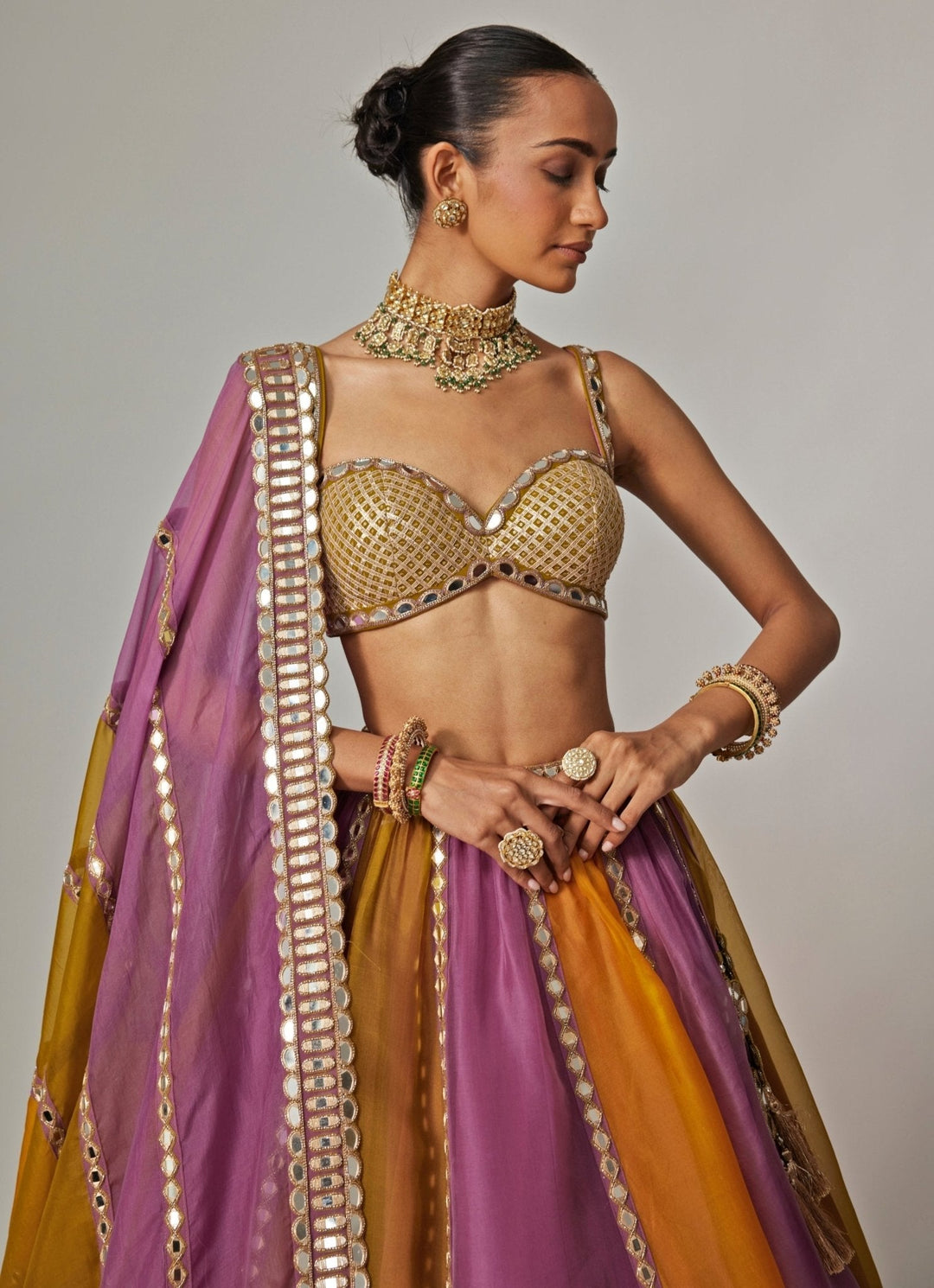 Mustard Yellow Multicolour Linear Embroidered Lehenga Set Vvani by Vani Vats - Fabilicious Fashion