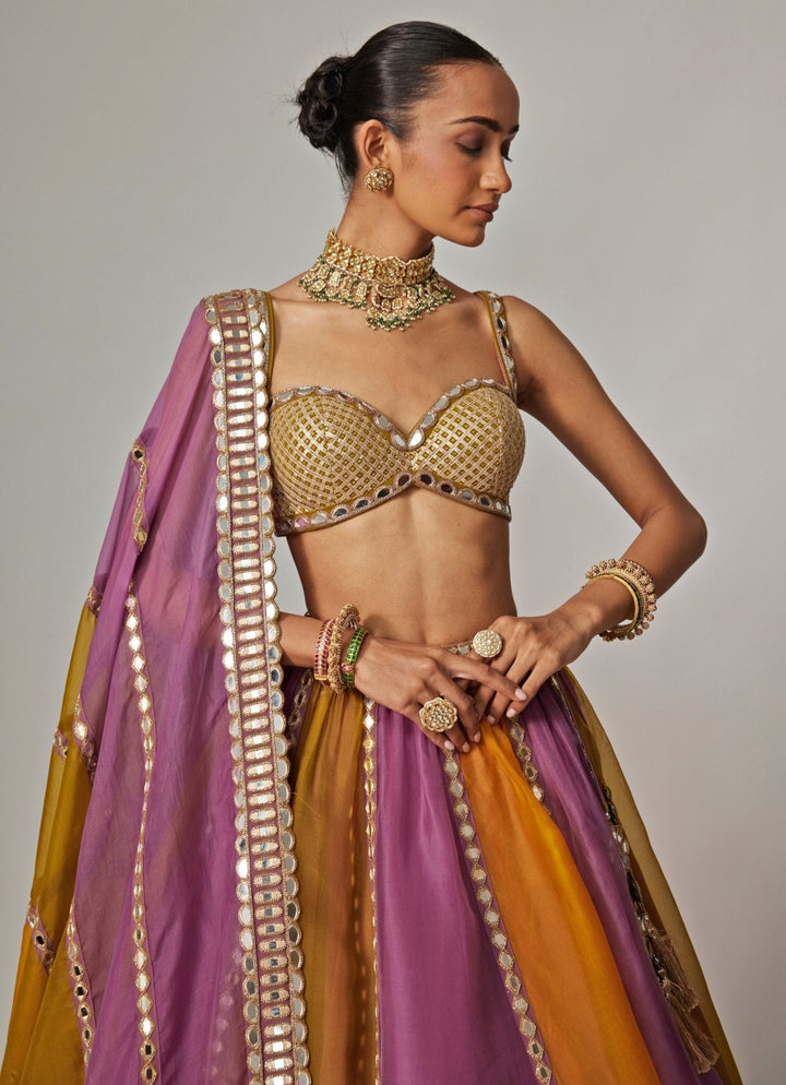 Mustard Yellow Multicolour Linear Embroidered Lehenga Set Vvani by Vani Vats - Fabilicious Fashion