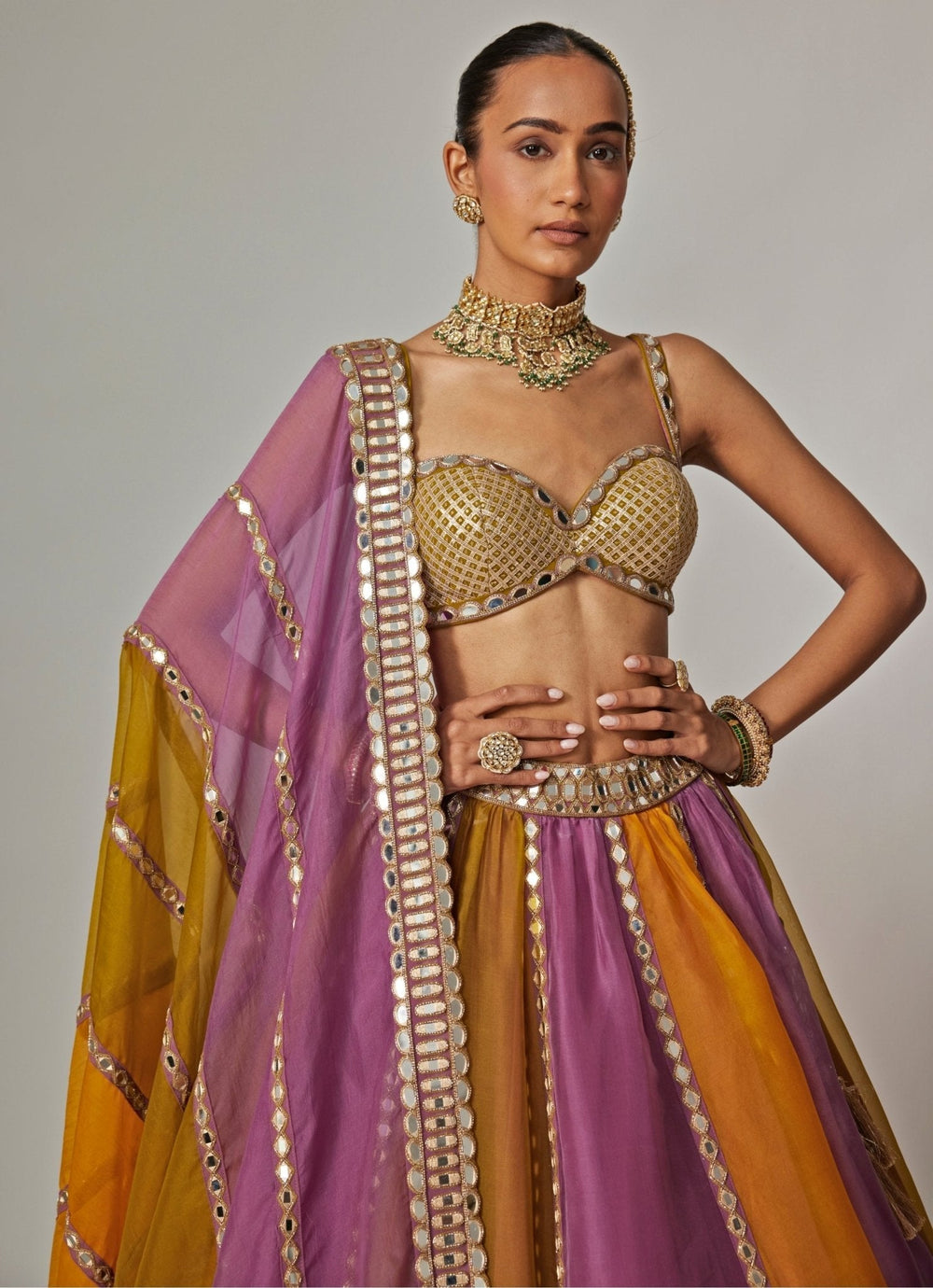 Mustard Yellow Multicolour Linear Embroidered Lehenga Set Vvani by Vani Vats - Fabilicious Fashion
