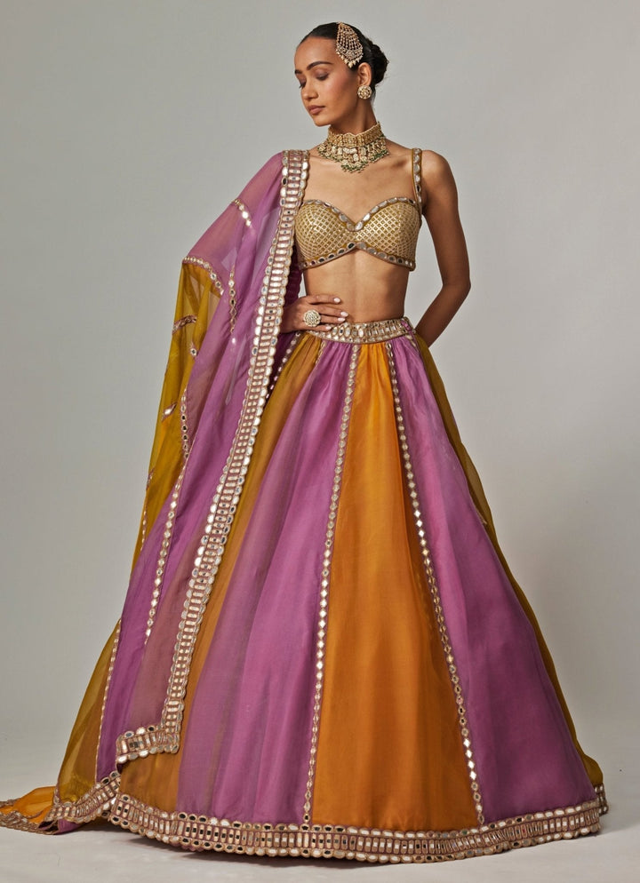 Mustard Yellow Multicolour Linear Embroidered Lehenga Set Vvani by Vani Vats - Fabilicious Fashion