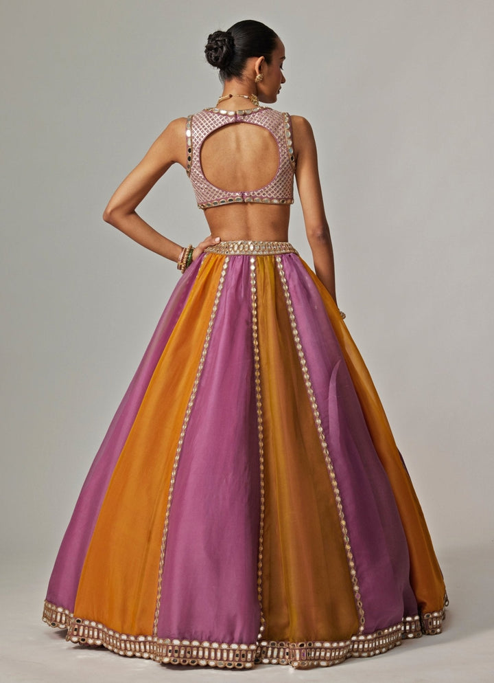 Mustard Yellow Multicolour Linear Embroidered Lehenga Set Vvani by Vani Vats - Fabilicious Fashion